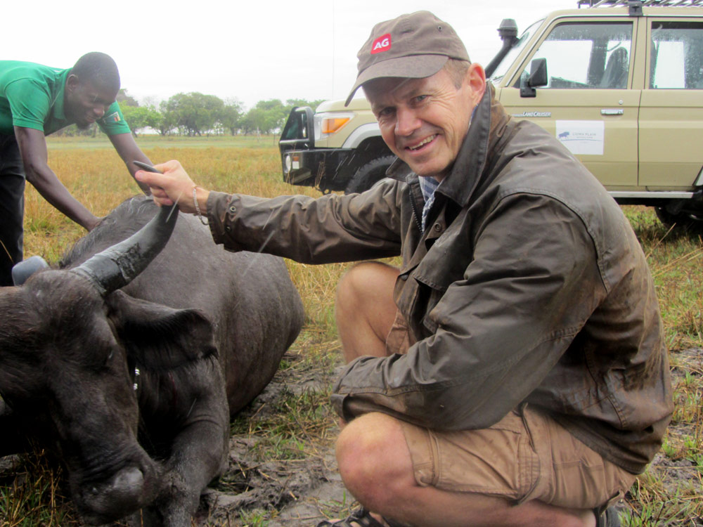 Simon with a buffalo at a visit to Lumei Primary School in Zambia's National Park 